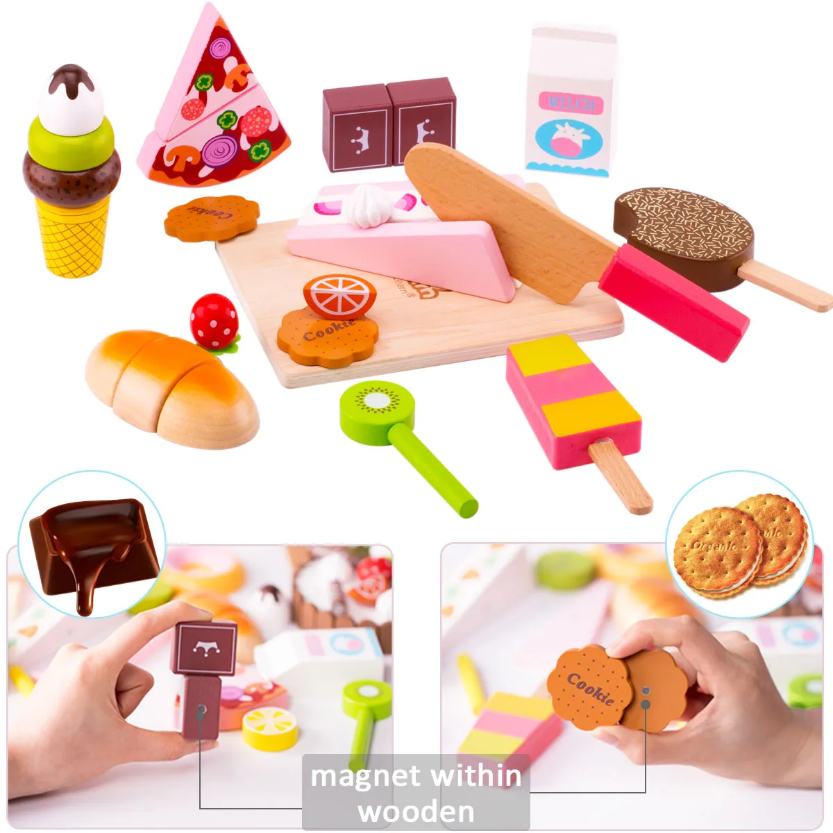 Wooden Dessert Cutting & Baker Food Set Pretend Birthday Cake Playset