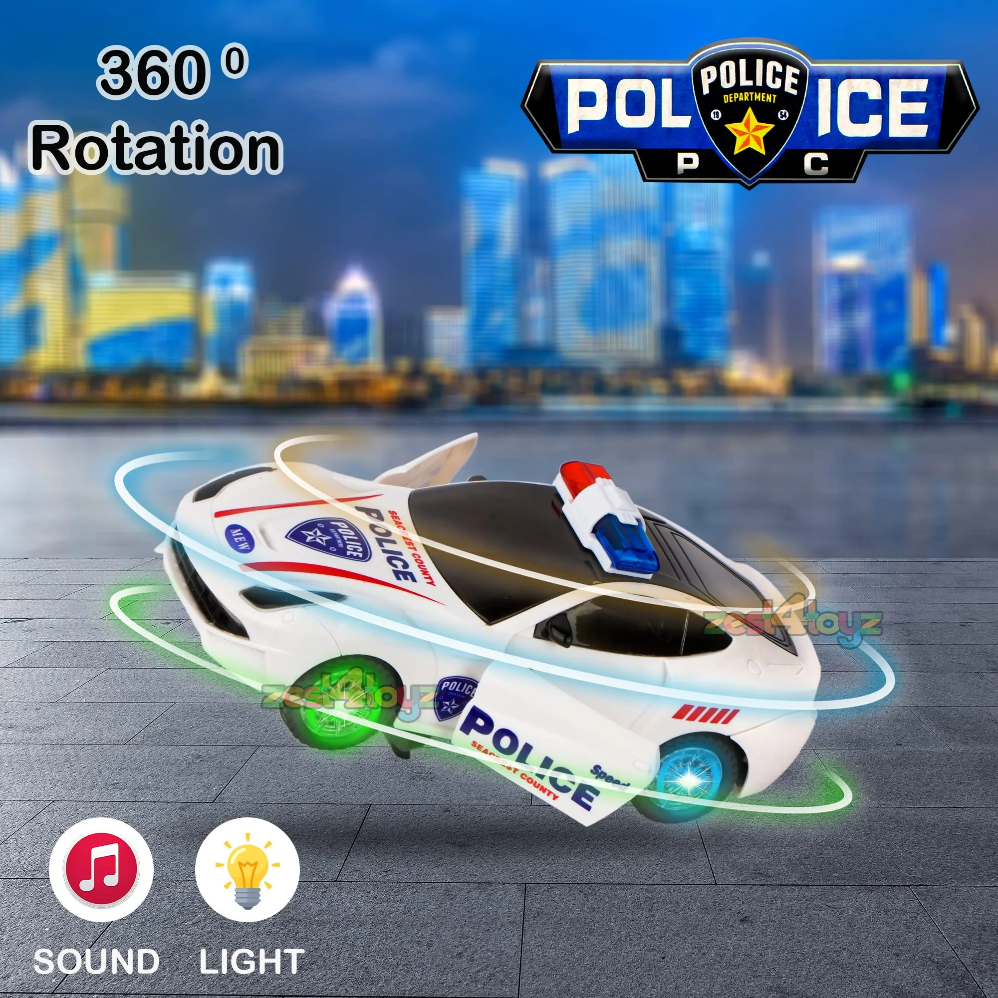 Zest 4 Toyz Dancing Toy Car 360 Degree Rotating Police Car with 3D Flashing Light & Sound, Bump N Go Action & Openable Door Musical Toy for 1 Year Old Kid